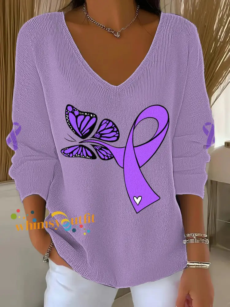 Women’s Domestic violence prevention treatment V Neck Ribbed Top Light Purple / S