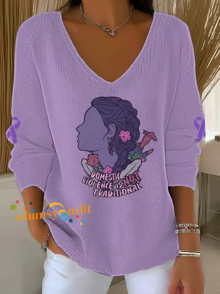 Women’s Domestic violence prevention treatment V Neck Ribbed Top Light Purple / S