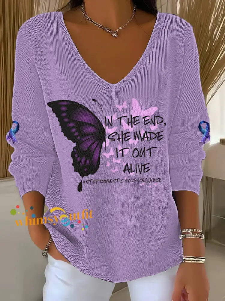Women’s Domestic violence prevention treatment V Neck Ribbed Top Light Purple / S