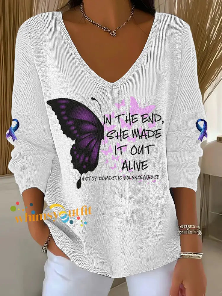 Women’s Domestic violence prevention treatment V Neck Ribbed Top White / S