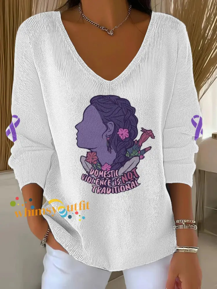 Women’s Domestic violence prevention treatment V Neck Ribbed Top White / S