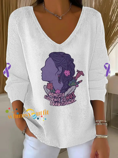 Women’s Domestic violence prevention treatment V Neck Ribbed Top White / S