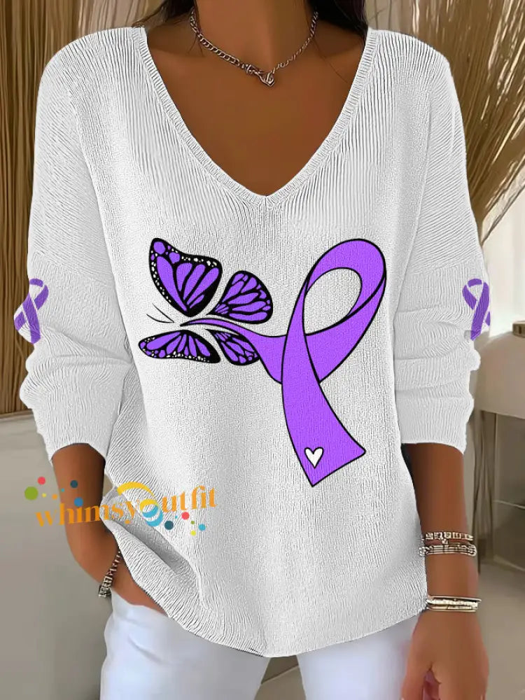 Women’s Domestic violence prevention treatment V Neck Ribbed Top White / S