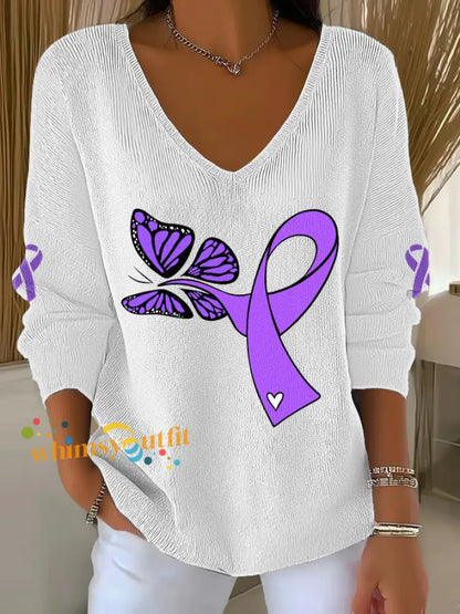 Women’s Domestic violence prevention treatment V Neck Ribbed Top White / S