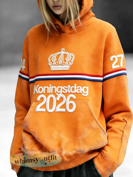 Women’s Dutch Koningsdag 2026 Embroidered Print Casual Hooded Sweatshirt - Orange / S
