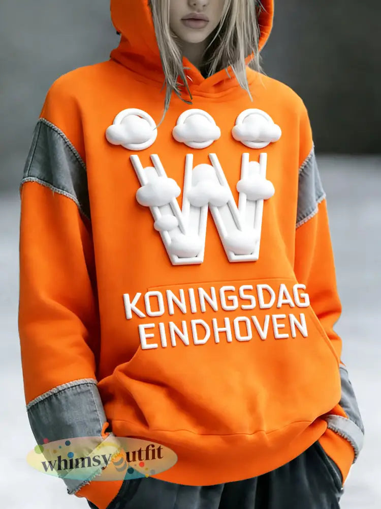 Women’s Dutch Koningsdag Patchwork Print Orange Hooded Sweatshirt - Orange / S
