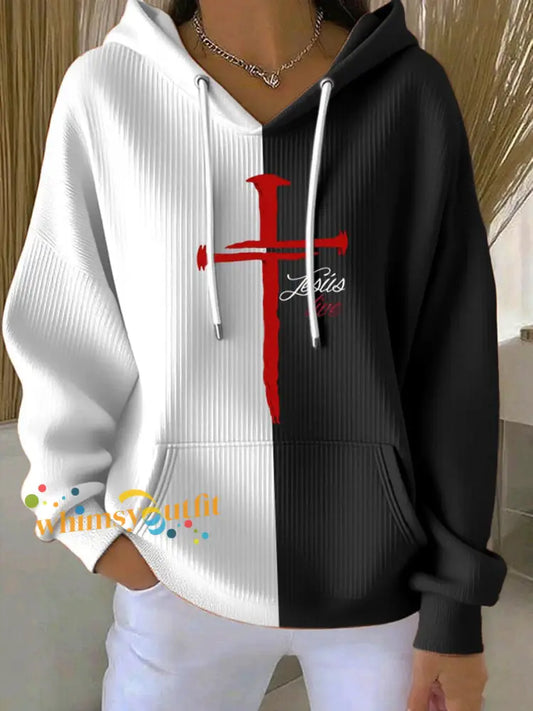 Women’s Faith Cross Print Casual Hoodie Black And White / S