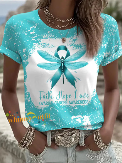 Women’s Faith Hope Love Teal Ribbon Dragonfly Print Ovarian Cancer Awareness Tee