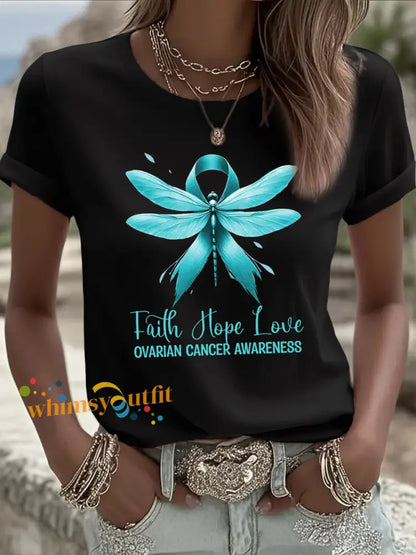 Women’s Faith Hope Love Teal Ribbon Dragonfly Print Ovarian Cancer Awareness Tee Black / S