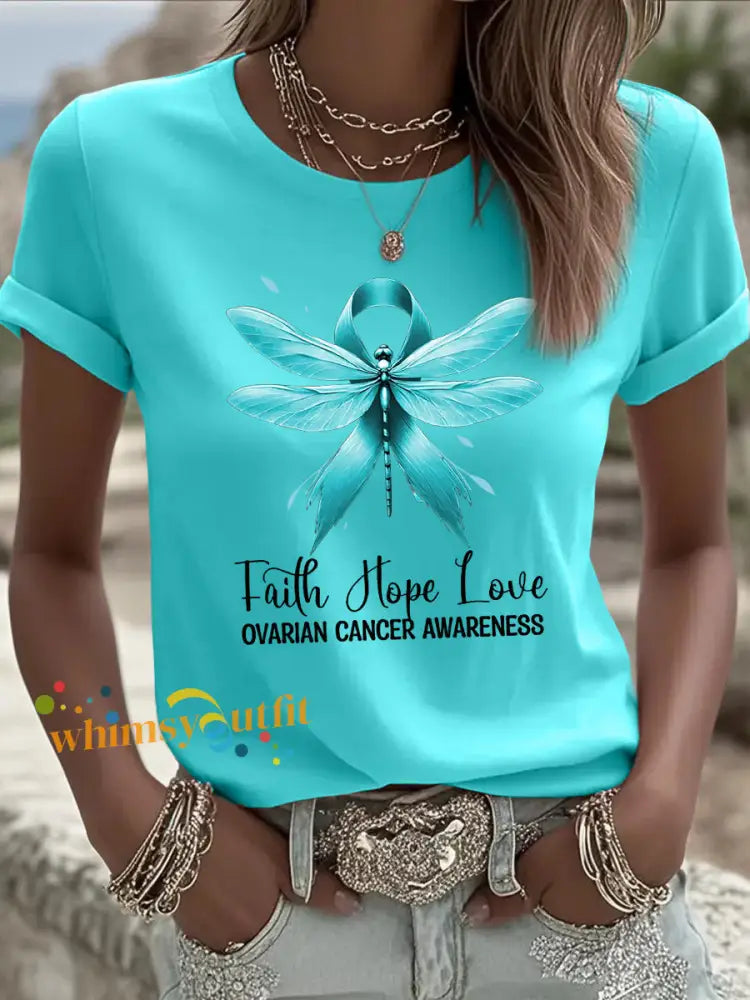 Women’s Faith Hope Love Teal Ribbon Dragonfly Print Ovarian Cancer Awareness Tee Blue Green / S