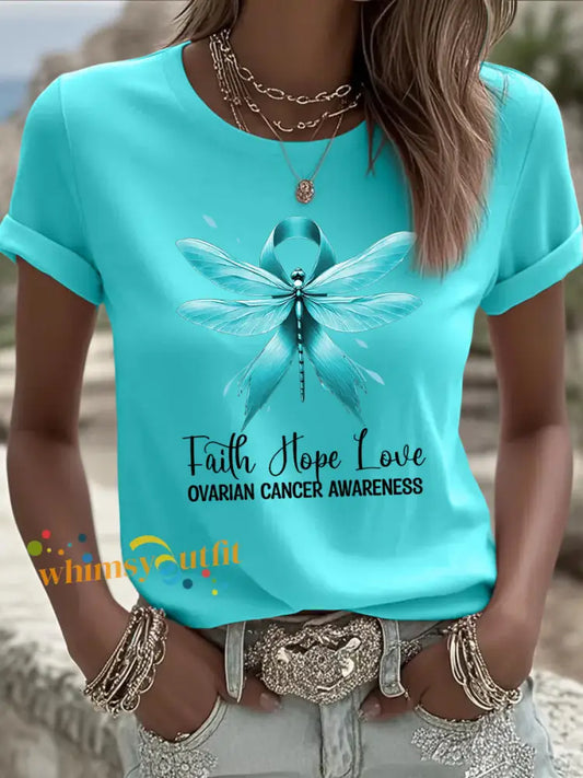 Women’s Faith Hope Love Teal Ribbon Dragonfly Print Ovarian Cancer Awareness Tee Blue Green / S