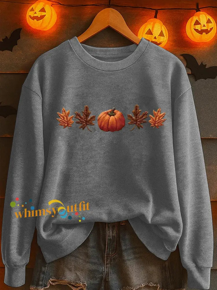 Women’s Fall Pumpkin Print Casual Sweatshirt Light Gray / S