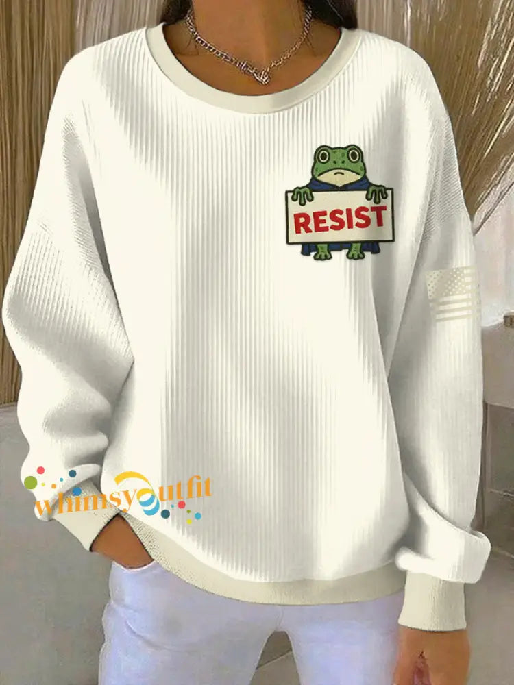 Women’s FDT Polish Frog Print Ribbed Round-Neck Sweatshirt Beige / S