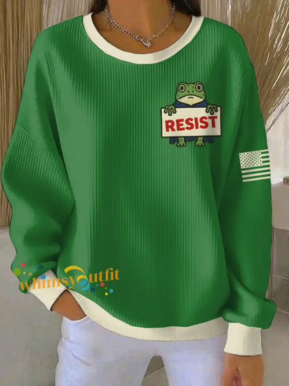 Women’s FDT Polish Frog Print Ribbed Round-Neck Sweatshirt Green / S