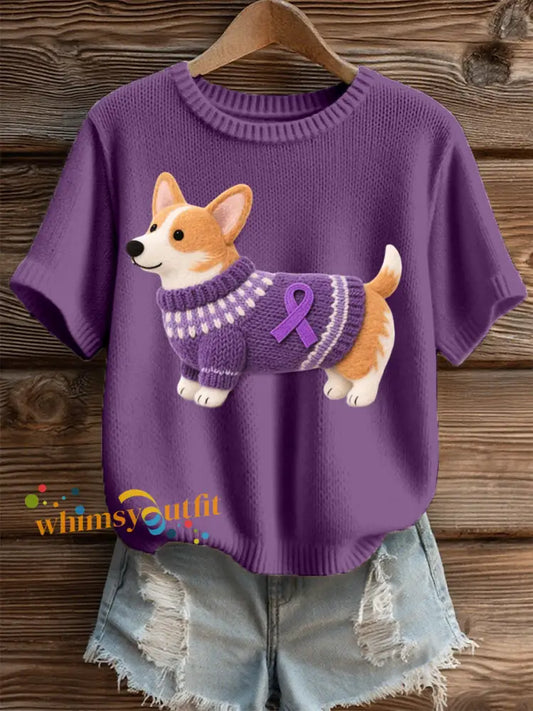 Women’s Felt Art Corgi Pattern Cozy Knit Top Deep Purple / S