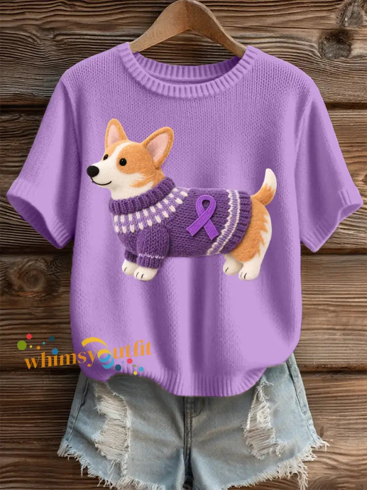 Women’s Felt Art Corgi Pattern Cozy Knit Top Purple / S