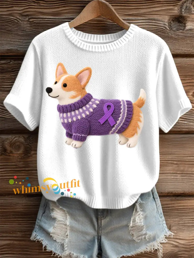 Women’s Felt Art Corgi Pattern Cozy Knit Top White / S