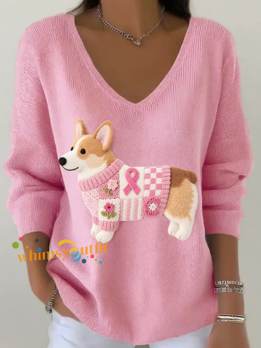 Women’s Felt Art Corgi Pattern V Neck Ribbed Top Pink / S
