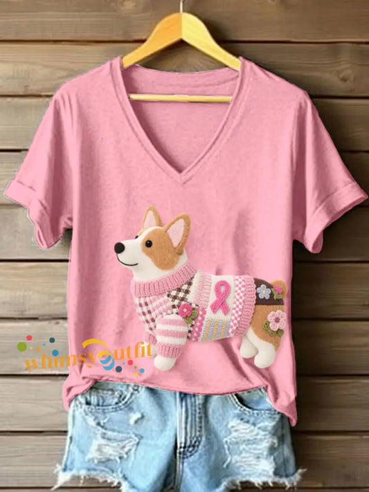 Women’s Felt Art Corgi Pattern V Neck T Shirt Pink / S