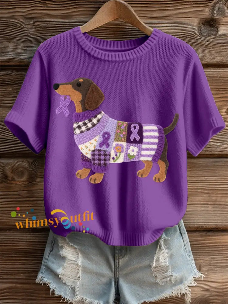Women’s Felt Art Dachshund Pattern Cozy Knit Top Deep Purple / S