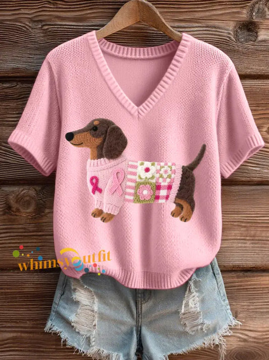 Women’s Felt Art Dachshund Pattern Cozy Knit Top Pink / S