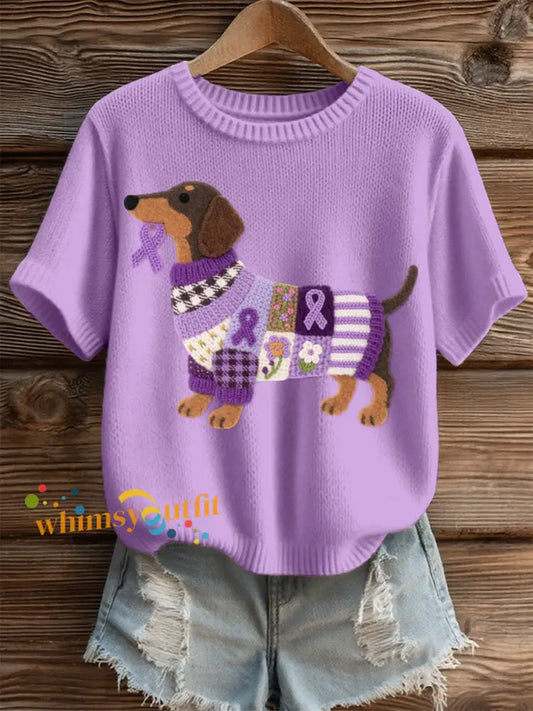 Women’s Felt Art Dachshund Pattern Cozy Knit Top Purple / S