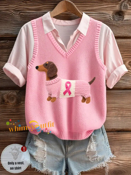 Women’s Felt Art Dachshund Pattern Cozy Knit Vest Pink / S
