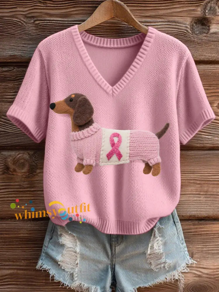 Women’s Felt Art Dachshund Pattern Cozy V Neck Knit Top Light Pink / S