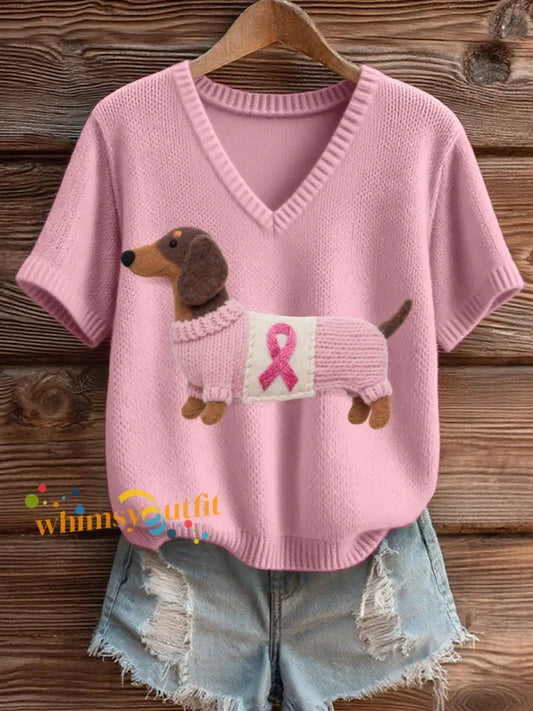 Women’s Felt Art Dachshund Pattern Cozy V Neck Knit Top Light Pink / S