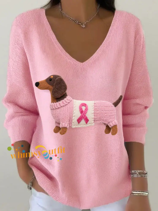 Women’s Felt Art Dachshund Pattern V Neck Ribbed Top Pink / S