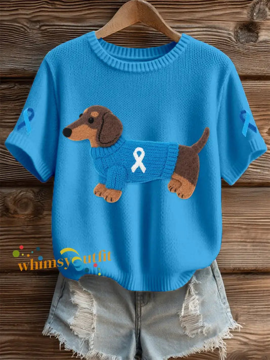 Women’s Felt Art Dachshund & Ribbon Pattern Cozy Knit Top Blue / S