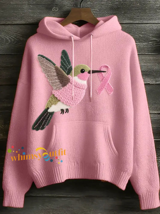Women’s Felt Art Hummingbird Pattern Cozy Knit Hoodie Pink / S