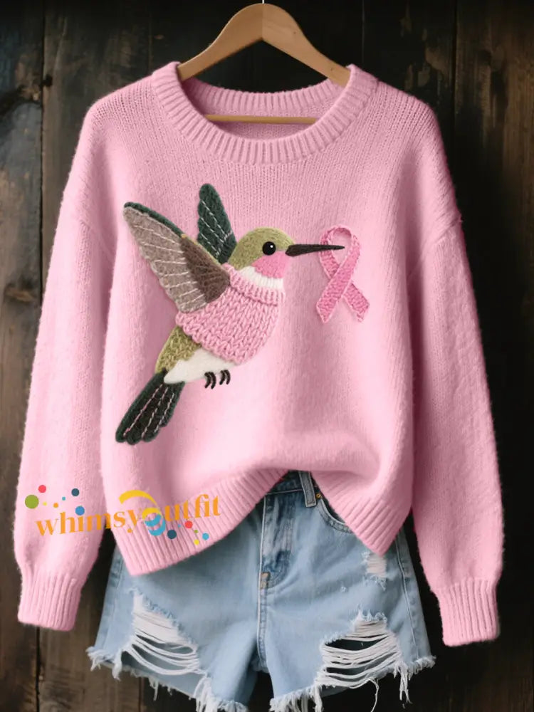 Women’s Felt Art Hummingbird Pattern Cozy Knit Sweater Pink / S