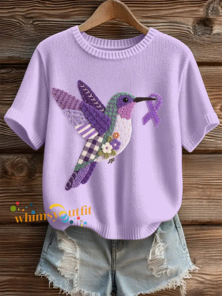 Women’s Felt Art Hummingbird Pattern Cozy Knit Top Light Purple / S