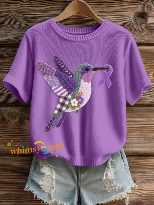 Women’s Felt Art Hummingbird Pattern Cozy Knit Top Purple / S