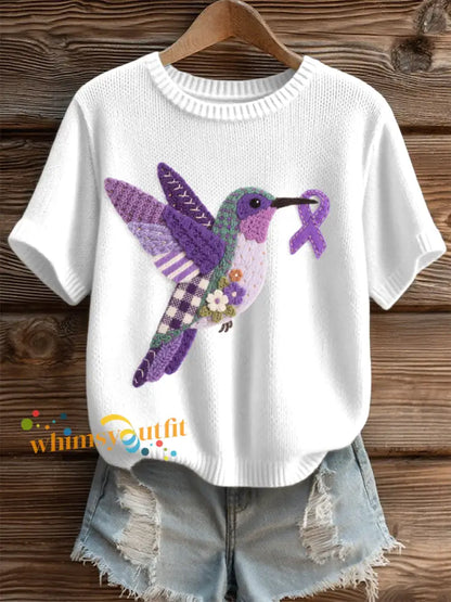 Women’s Felt Art Hummingbird Pattern Cozy Knit Top White / S