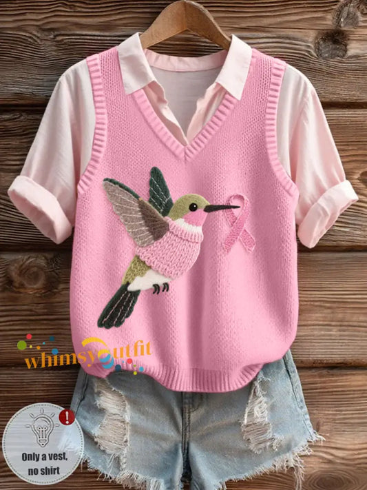 Women’s Felt Art Hummingbird Pattern Cozy Knit Vest Pink / S
