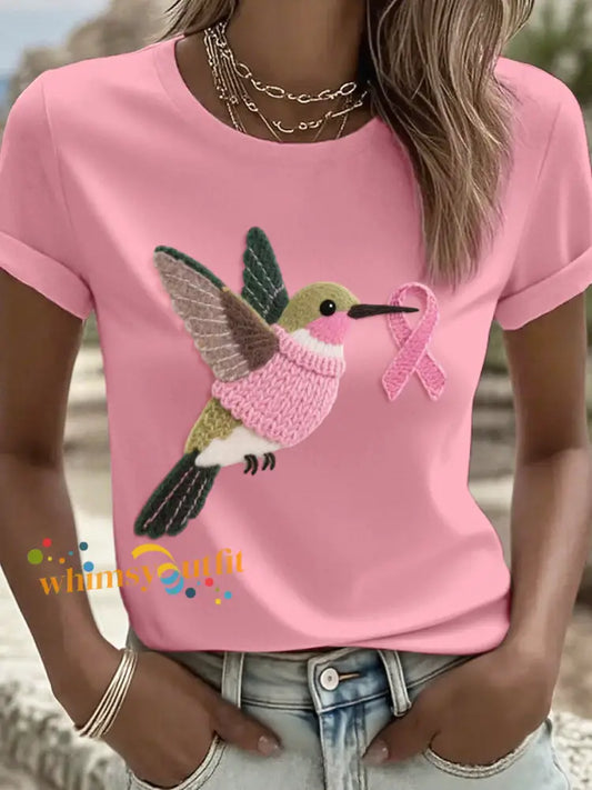 Women’s Felt Art Hummingbird Pattern T Shirt Pink / S