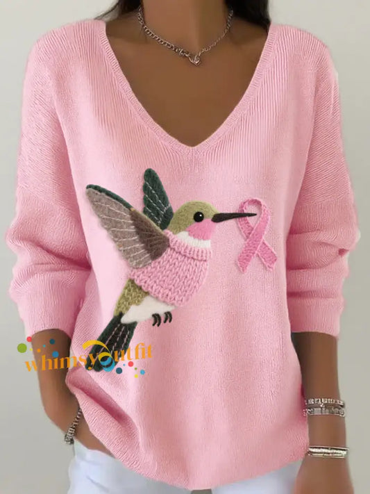 Women’s Felt Art Hummingbird Pattern V Neck Ribbed Top Pink / S
