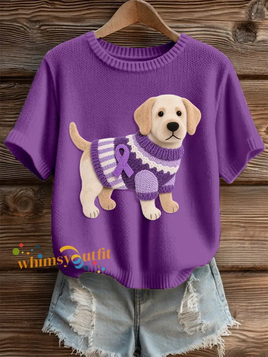 Women’s Felt Art Labrador Dog Pattern Cozy Knit Top Deep Purple / S