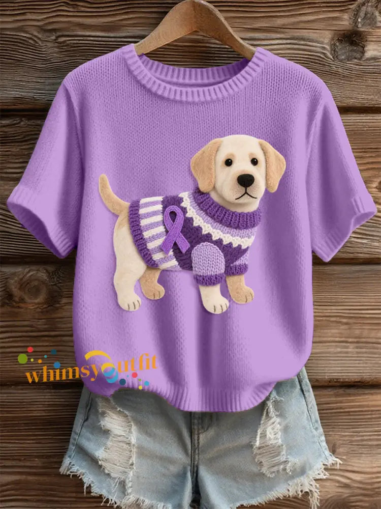 Women’s Felt Art Labrador Dog Pattern Cozy Knit Top Purple / S