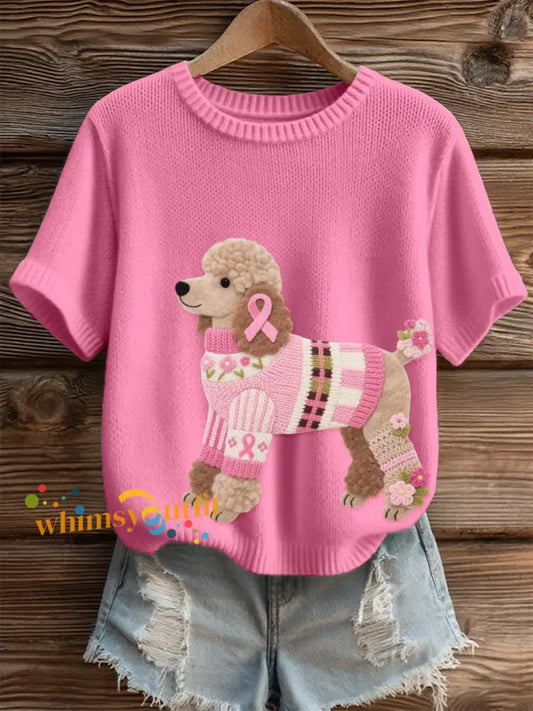 Women’s Felt Art Poodle Dog Pattern Cozy Knit Top Pink / S