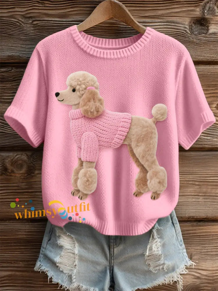Women’s Felt Art Poodle Dog Pattern Cozy Knit Top Pink / S