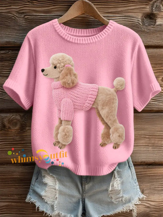 Women’s Felt Art Poodle Dog Pattern Cozy Knit Top Pink / S