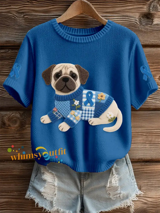 Women’s Felt Art Pug & Blue Ribbon Pattern Cozy Knit Top Navy Blue / S
