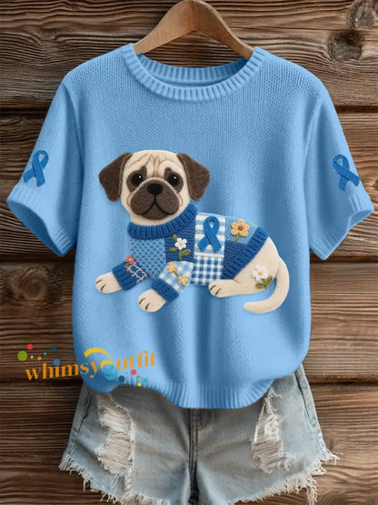 Women’s Felt Art Pug & Blue Ribbon Pattern Cozy Knit Top Blue / S