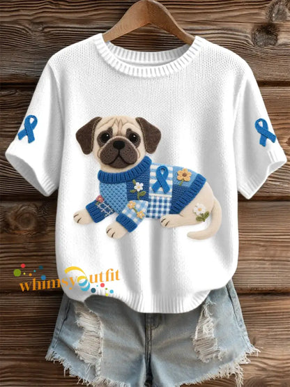 Women’s Felt Art Pug & Blue Ribbon Pattern Cozy Knit Top White / S