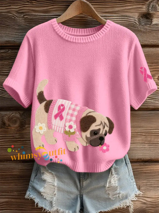 Women’s Felt Art Pug Pattern Cozy Knit Top Pink / S