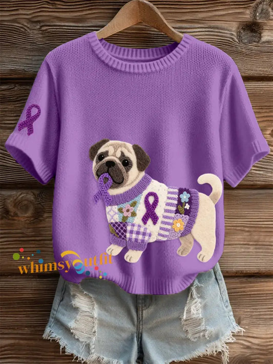Women’s Felt Art Pug Pattern Cozy Knit Top Purple / S