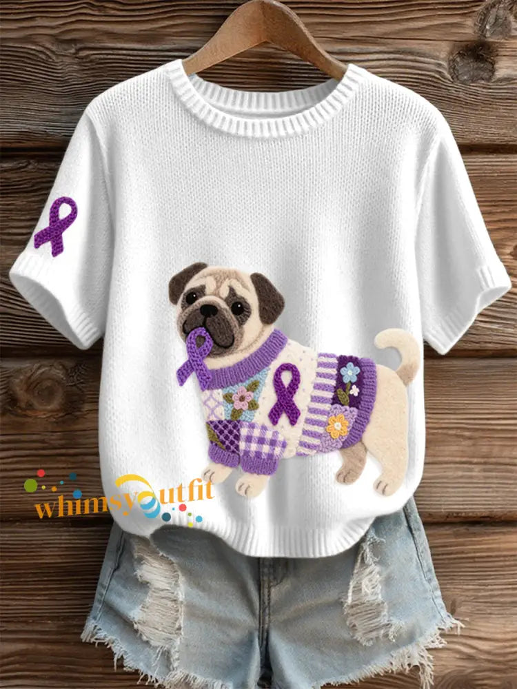 Women’s Felt Art Pug Pattern Cozy Knit Top White / S